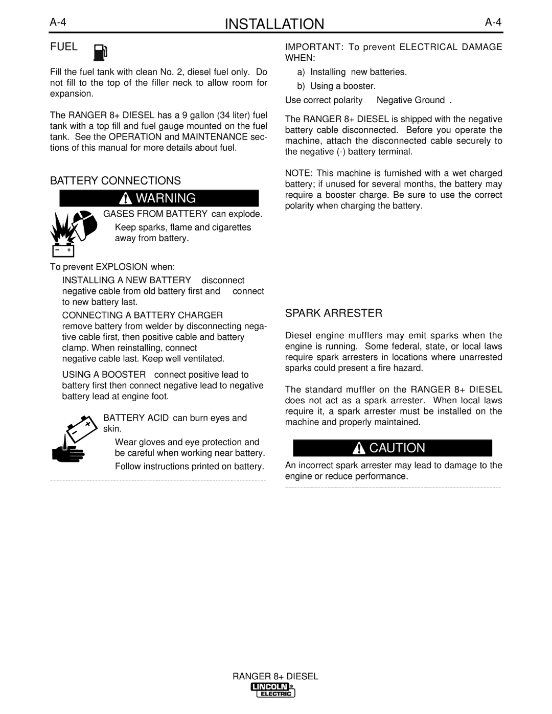 Lincoln Electric IM612 manual Fuel, Battery Connections, Spark Arrester 