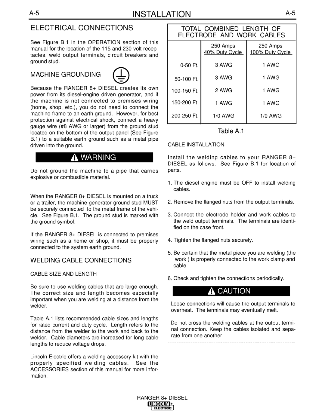 Lincoln Electric IM612 manual Electrical Connections, Total Combined Length of Electrode and Work Cables, Machine Grounding 