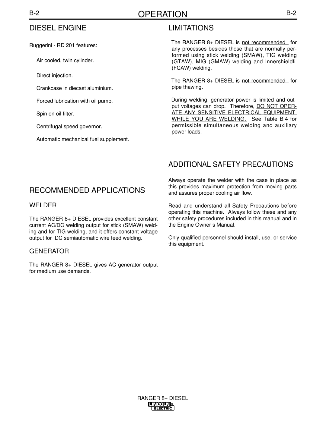 Lincoln Electric IM612 manual Diesel Engine, Limitations, Recommended Applications, Additional Safety Precautions 