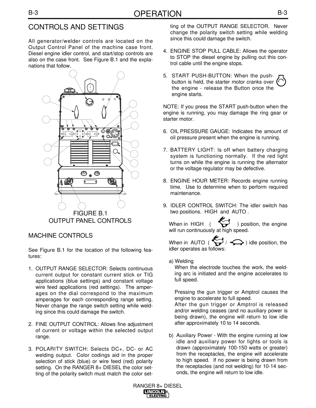 Lincoln Electric IM612 manual Controls and Settings, Figure B.1 Output Panel Controls Machine Controls 