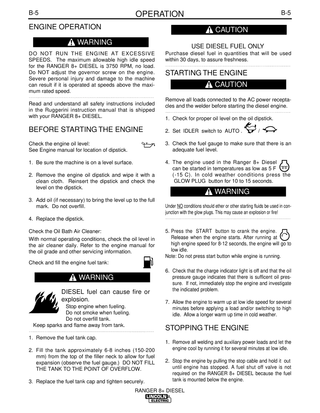 Lincoln Electric IM612 manual Engine Operation, Before Starting the Engine, Stopping the Engine, USE Diesel Fuel only 