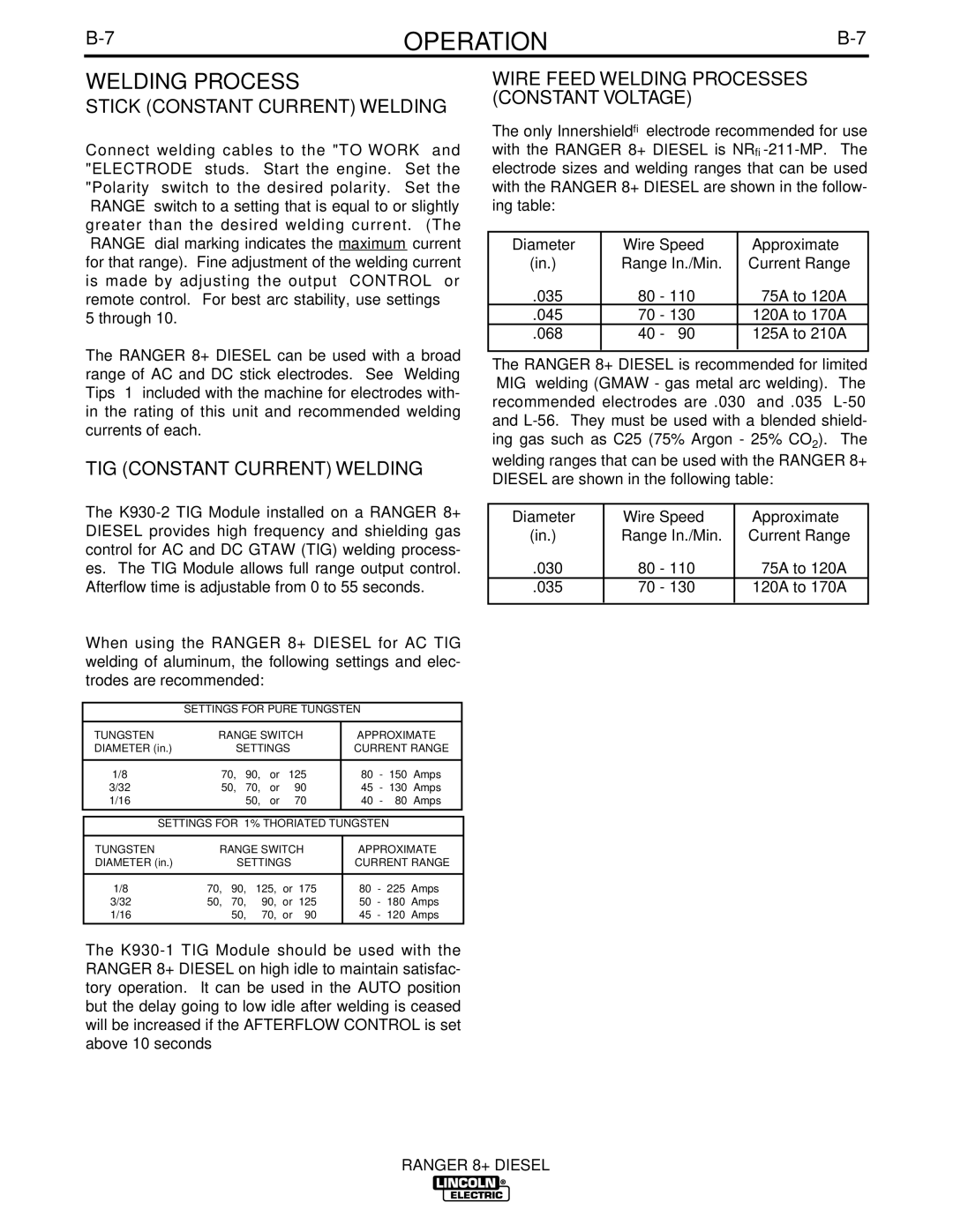 Lincoln Electric IM612 manual Welding Process, Stick Constant Current Welding, TIG Constant Current Welding 