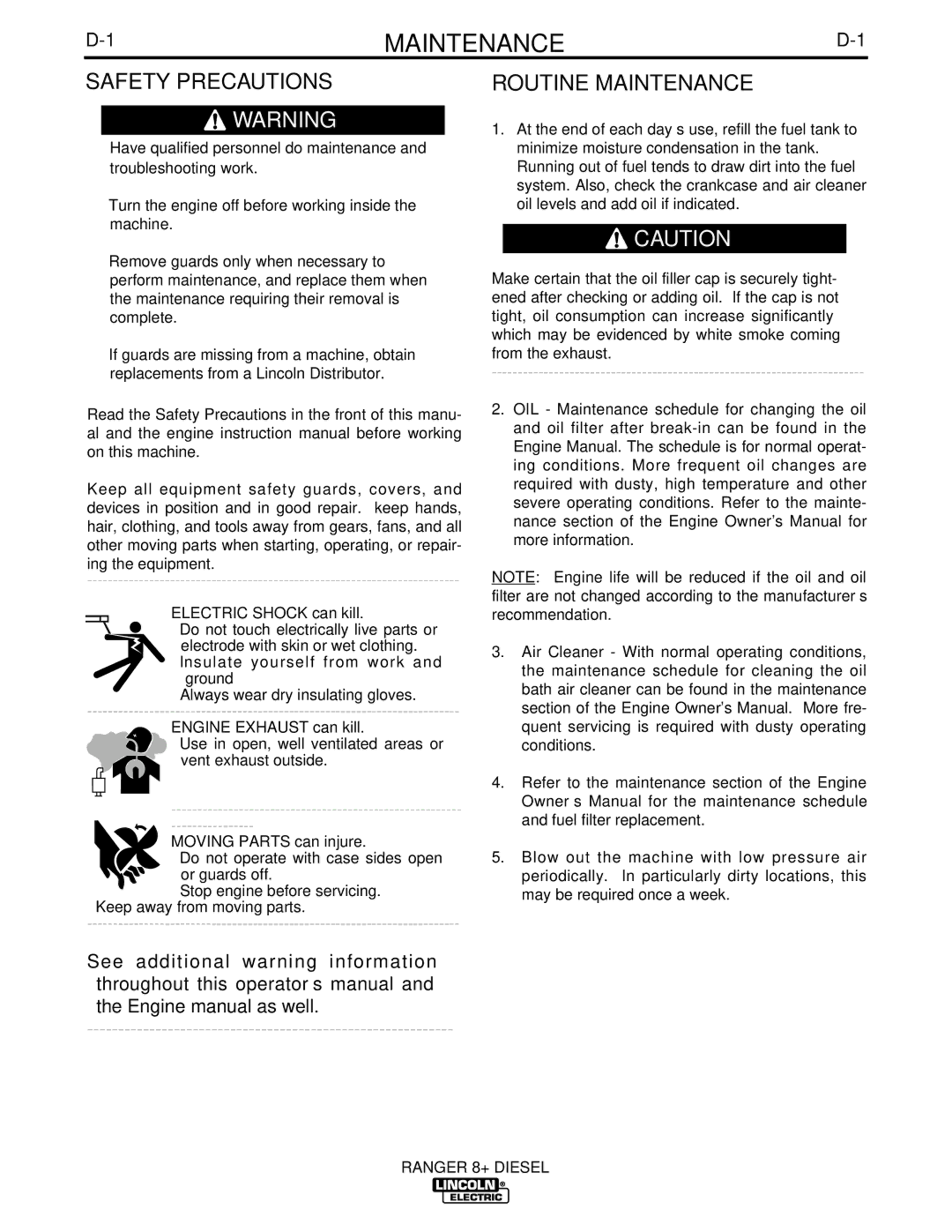 Lincoln Electric IM612 manual Safety Precautions, Routine Maintenance 