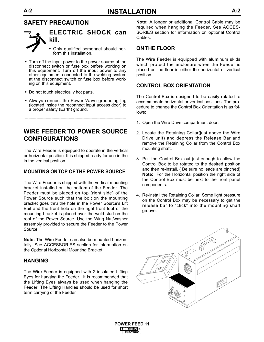 Lincoln Electric IM613-B manual Safety Precaution, Wire Feeder to Power Source Configurations, Hanging, On the Floor 