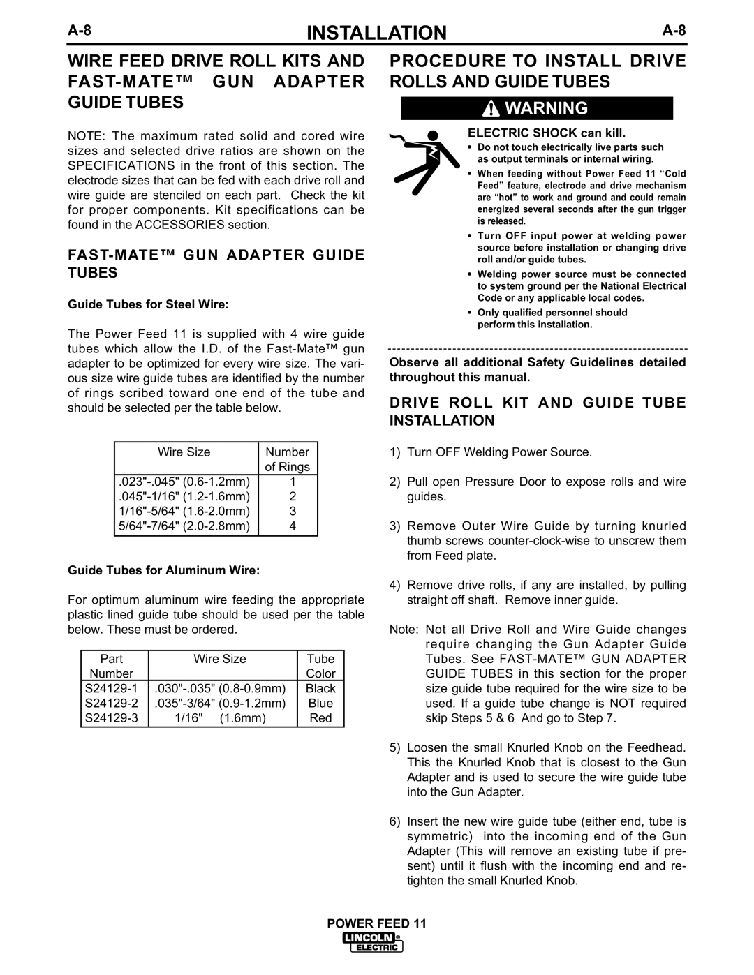 Lincoln Electric IM613-B manual Procedure to Install Drive Rolls and Guide Tubes, FAST-MATEGUN Adapter Guide Tubes 