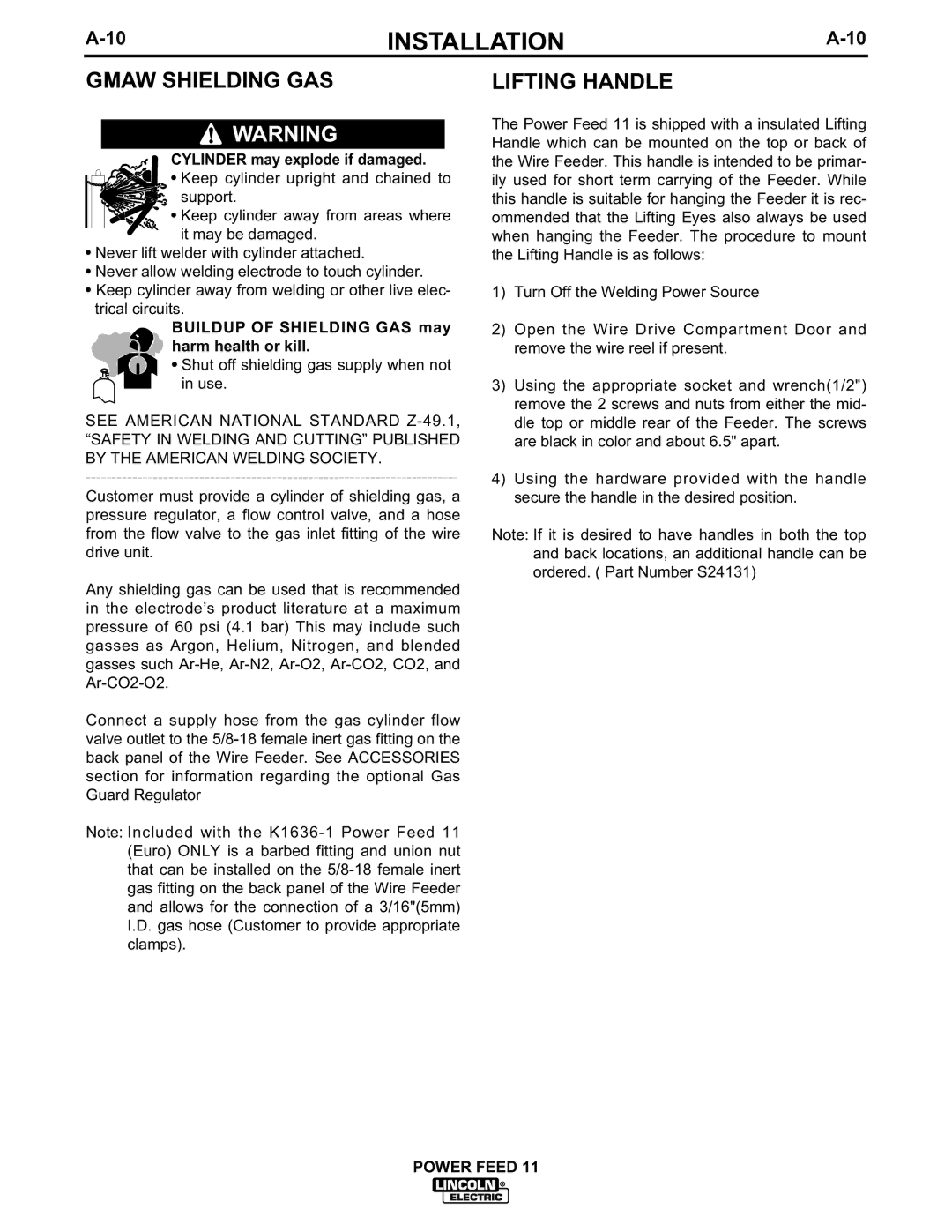 Lincoln Electric IM613-B manual Gmaw Shielding GAS, Lifting Handle, Cylinder may explode if damaged 