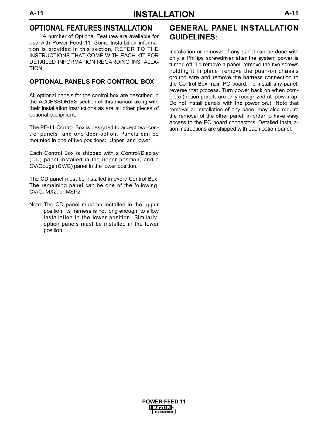 Lincoln Electric IM613-B manual General Panel Installation Guidelines, Optional Panels for Control BOX 