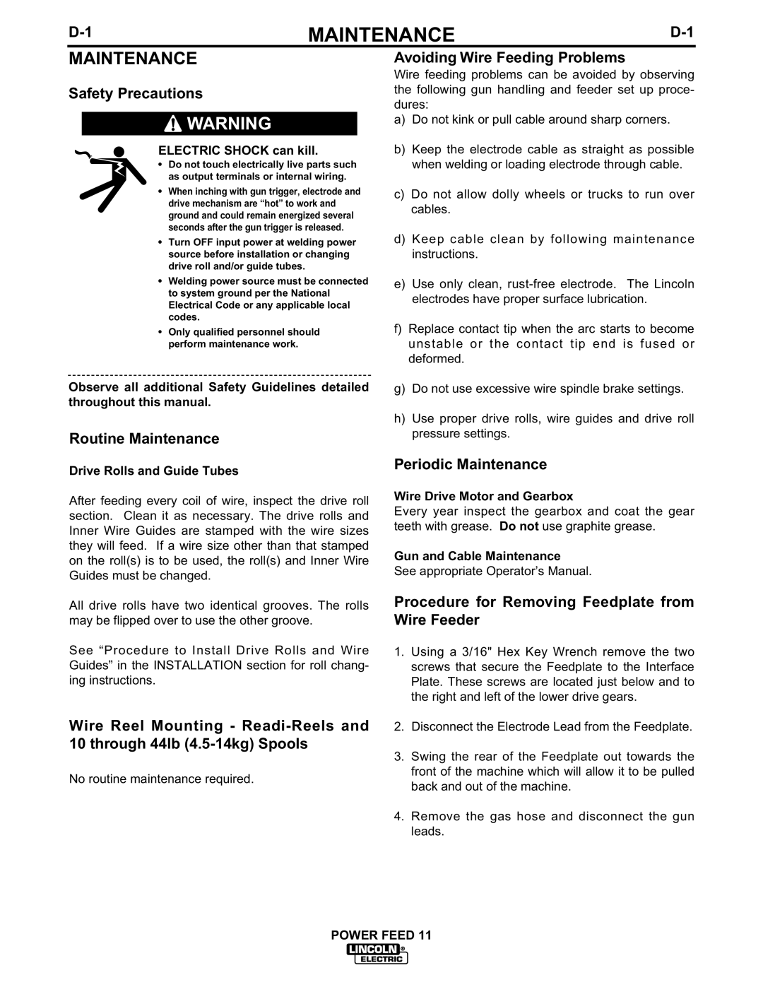 Lincoln Electric IM613-B manual Drive Rolls and Guide Tubes, Wire Drive Motor and Gearbox, Gun and Cable Maintenance 