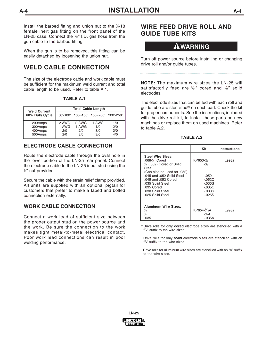 Lincoln Electric IM620-B manual Weld Cable Connection, Wire Feed Drive Roll and Guide Tube Kits, Electrode Cable Connection 