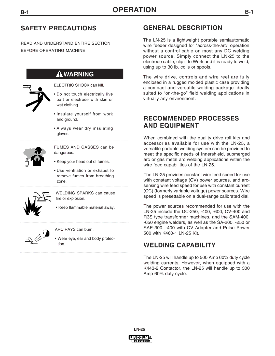 Lincoln Electric IM620-B manual Operation, General Description, Recommended Processes and Equipment, Welding Capability 