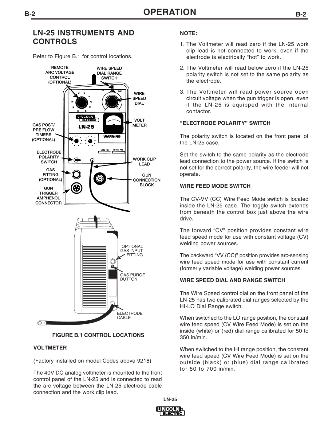 Lincoln Electric IM620-B manual LN-25 Instruments and Controls, Electrode Polarity Switch, Wire Feed Mode Switch 