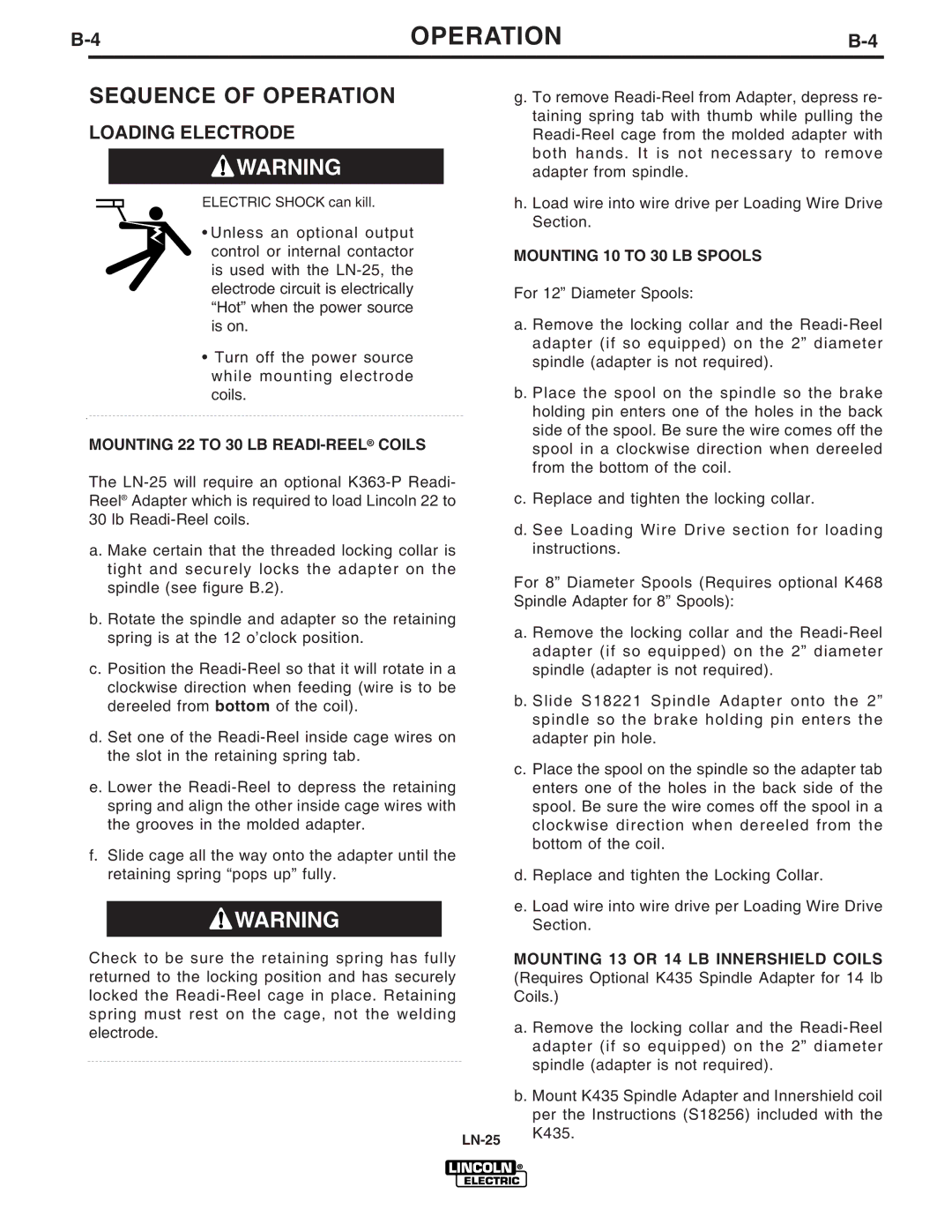 Lincoln Electric IM620-B manual Sequence of Operation, Loading Electrode, Mounting 22 to 30 LB READI-REELCOILS 