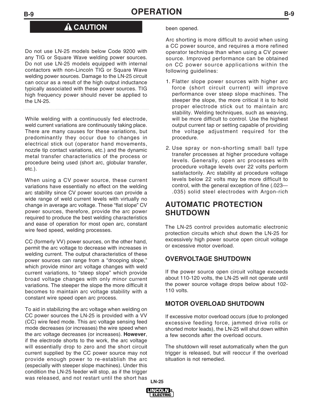 Lincoln Electric IM620-B manual Automatic Protection Shutdown, Overvoltage Shutdown, Motor Overload Shutdown 