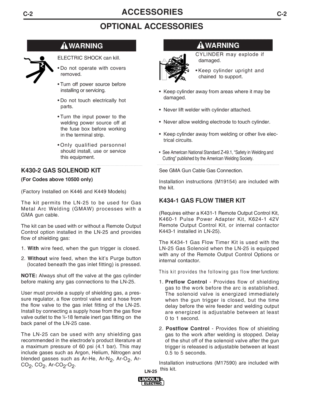 Lincoln Electric IM620-B manual Accessories Optional Accessories, K430-2 GAS Solenoid KIT, K434-1 GAS Flow Timer KIT 