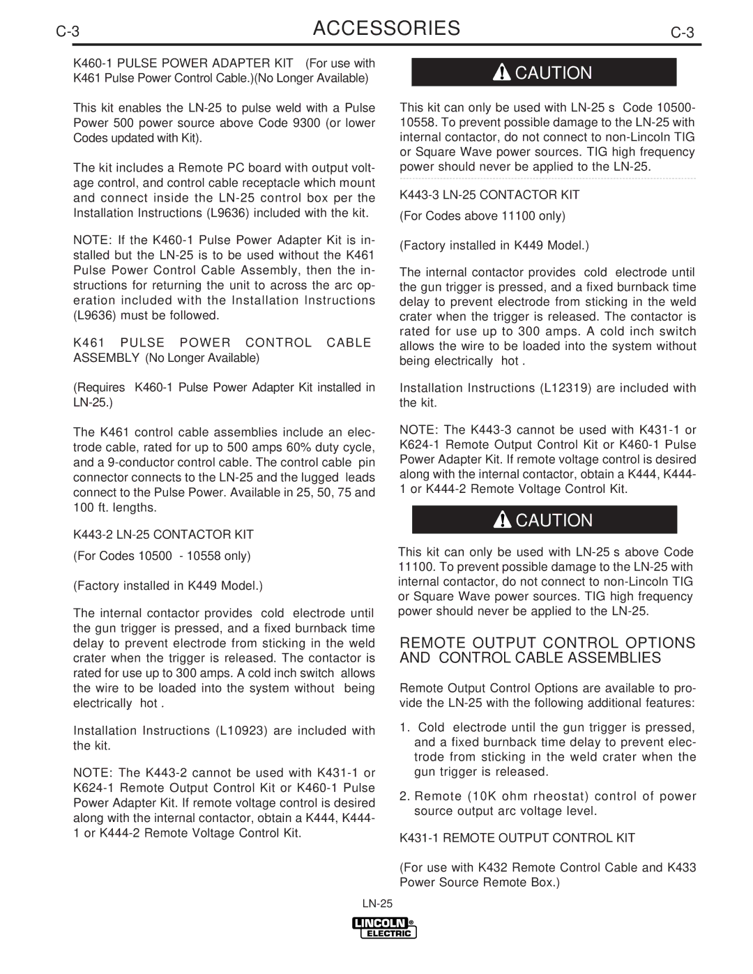 Lincoln Electric IM620-B manual Remote Output Control Options and Control Cable Assemblies, K461 Pulse Power Control Cable 