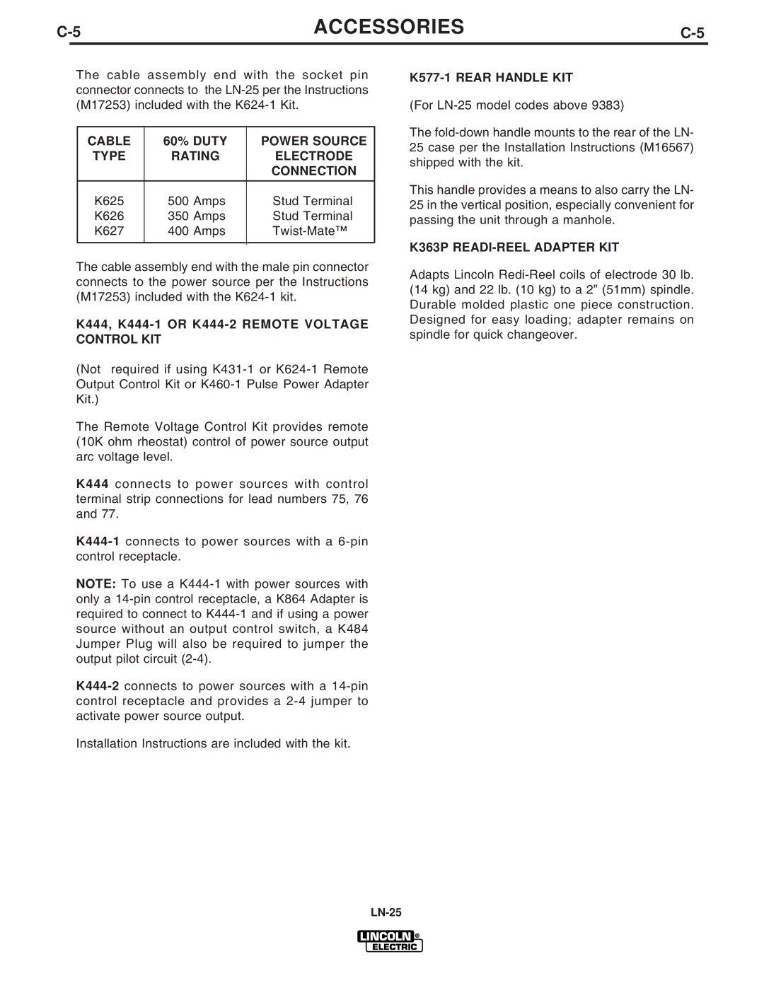 Lincoln Electric IM620-B manual Cable, Power Source, Type Rating Electrode Connection, K577-1 Rear Handle KIT 