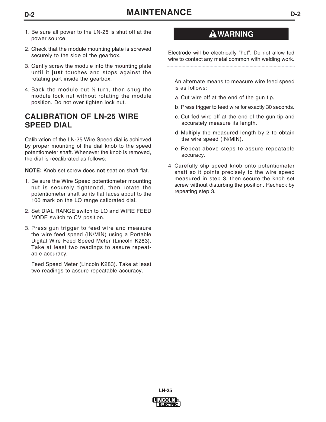 Lincoln Electric IM620-B manual Calibration of LN-25 Wire Speed Dial 