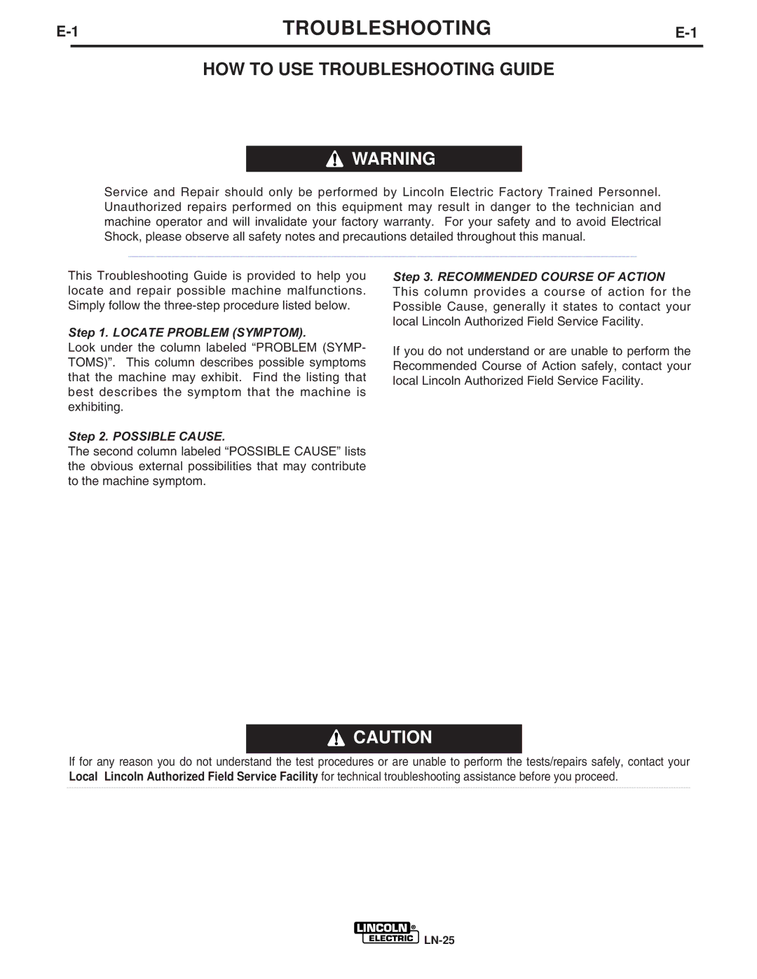 Lincoln Electric IM620-B manual HOW to USE Troubleshooting Guide 