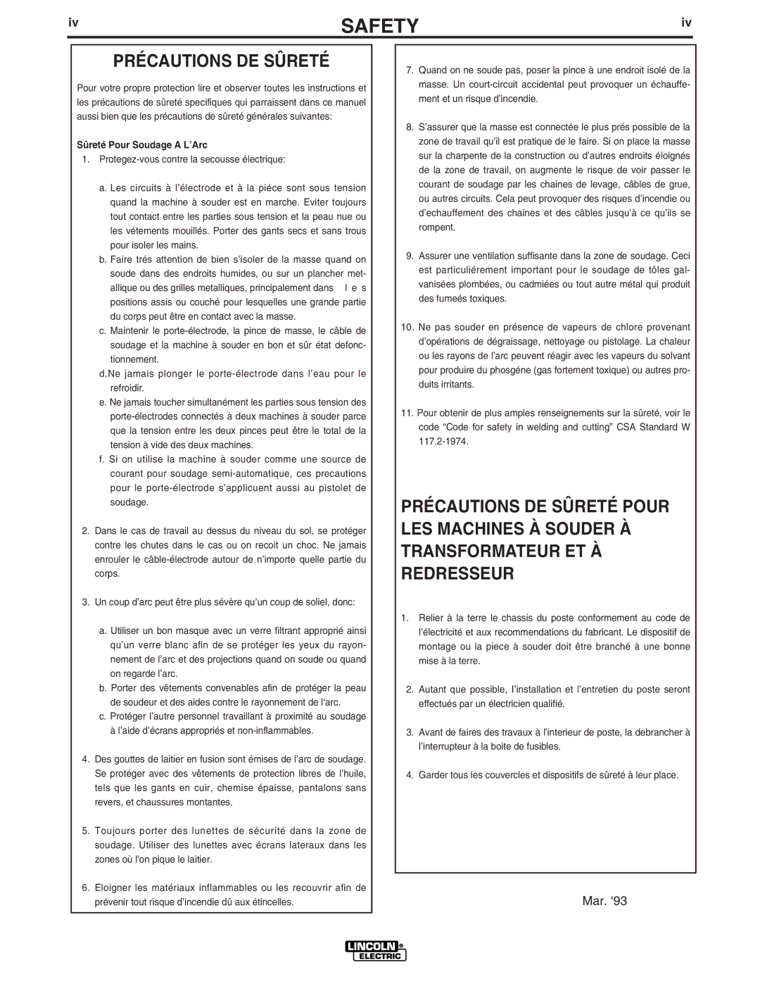 Lincoln Electric IM620-B manual Précautions DE Sûreté, Sûreté Pour Soudage a L’Arc 