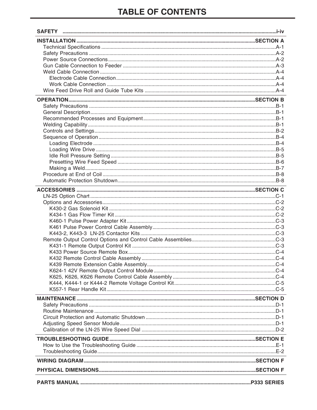 Lincoln Electric IM620-B manual Table of Contents 