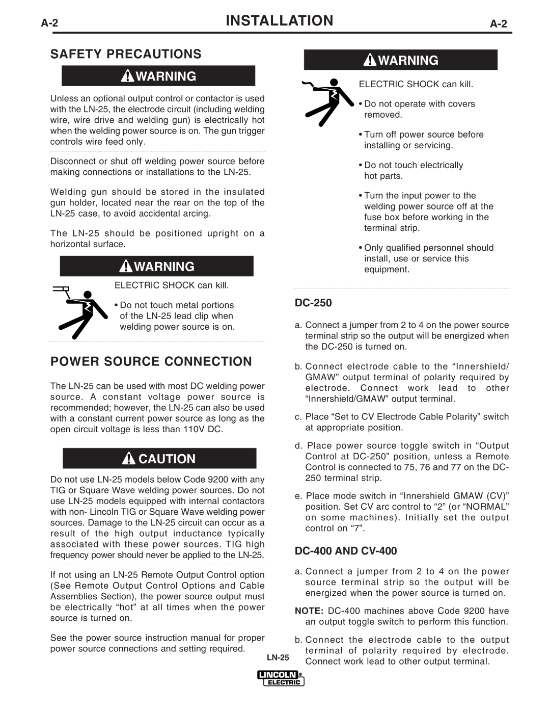 Lincoln Electric IM620-B manual Safety Precautions, Power Source Connection 