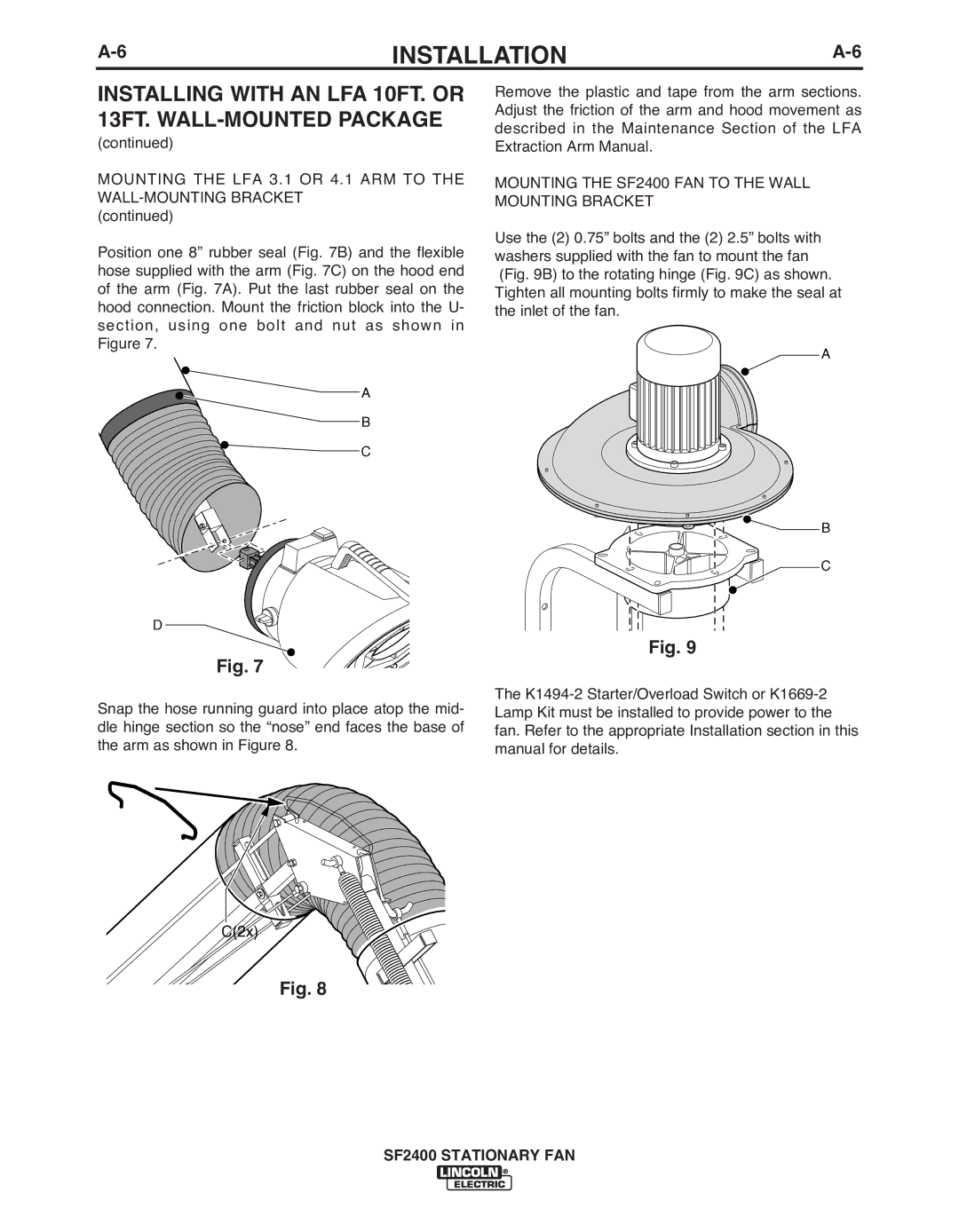 Lincoln Electric IM622 manual Mounting the SF2400 FAN to the Wall Mounting Bracket 