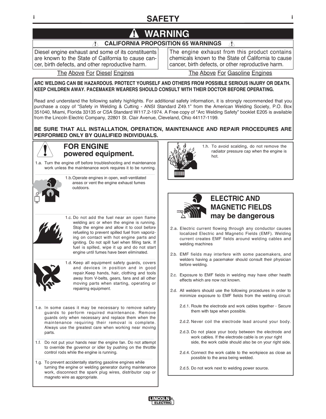 Lincoln Electric IM622 manual Safety, California Proposition 65 Warnings 