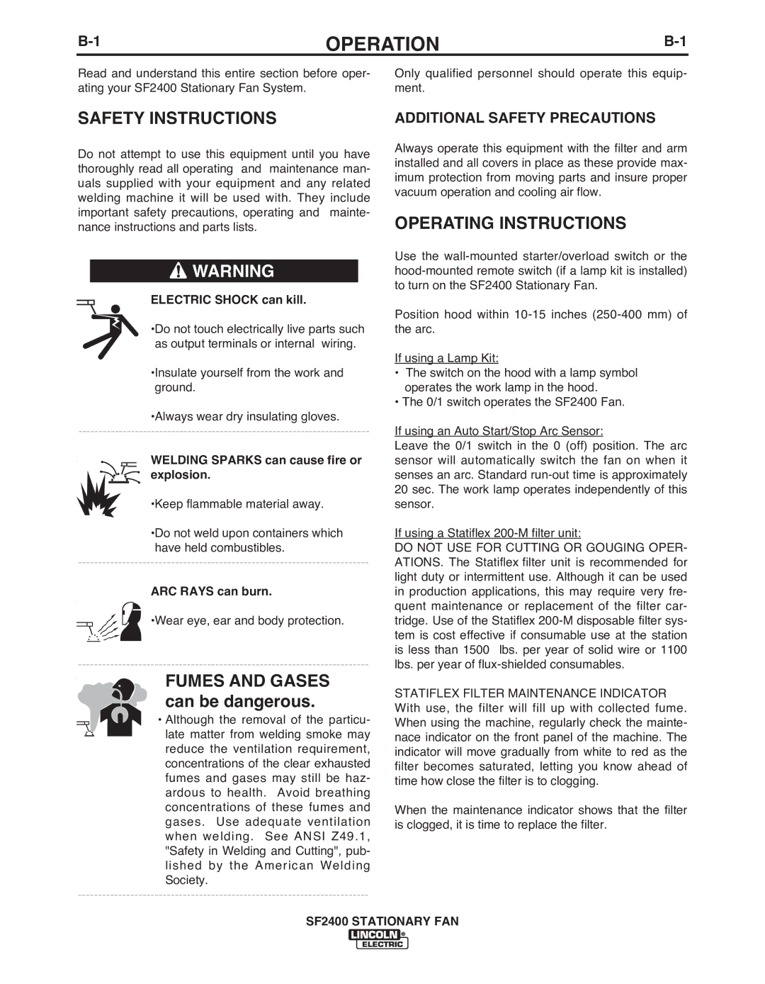 Lincoln Electric IM622 manual Operation, Safety Instructions, Operating Instructions, Fumes and Gases can be dangerous 