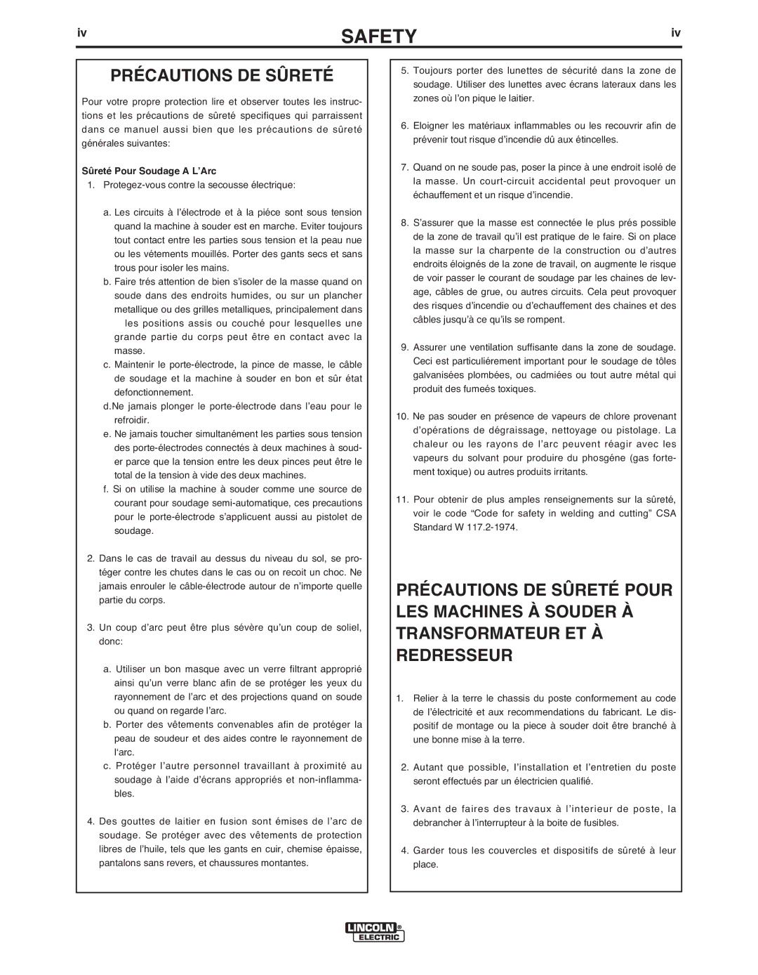 Lincoln Electric IM622 manual IvSAFETY, Précautions DE Sûreté 