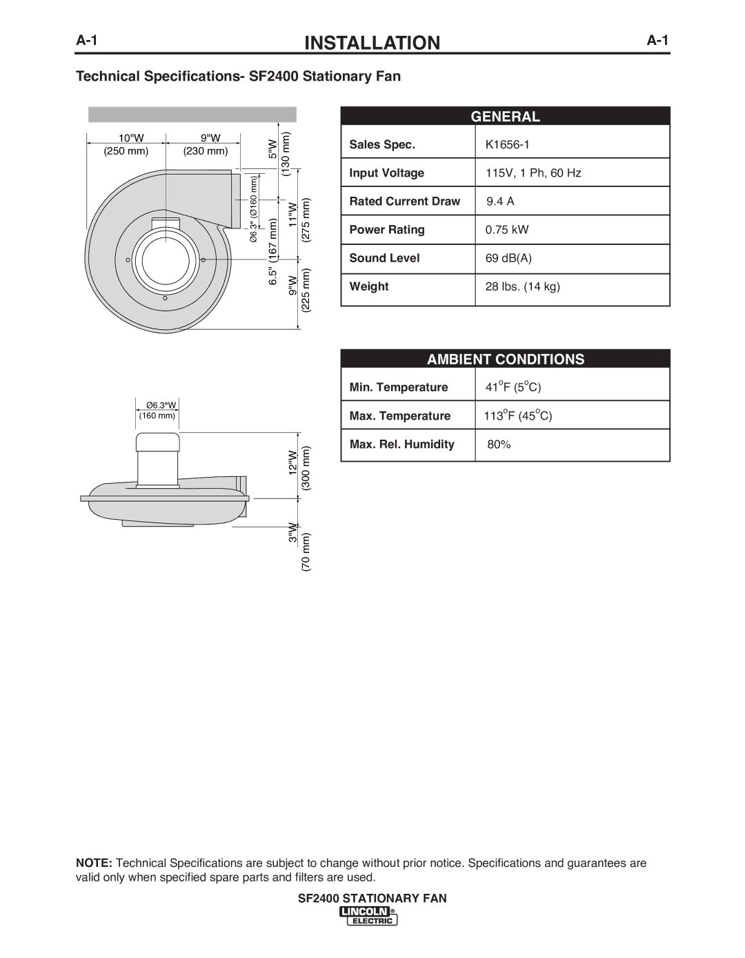 Lincoln Electric IM622 manual Installation, Min. Temperature, Max. Temperature, Max. Rel. humidity 