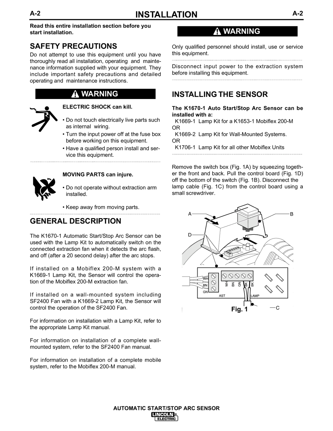 Lincoln Electric IM628 manual Safety Precautions, General Description, Installing the Sensor 