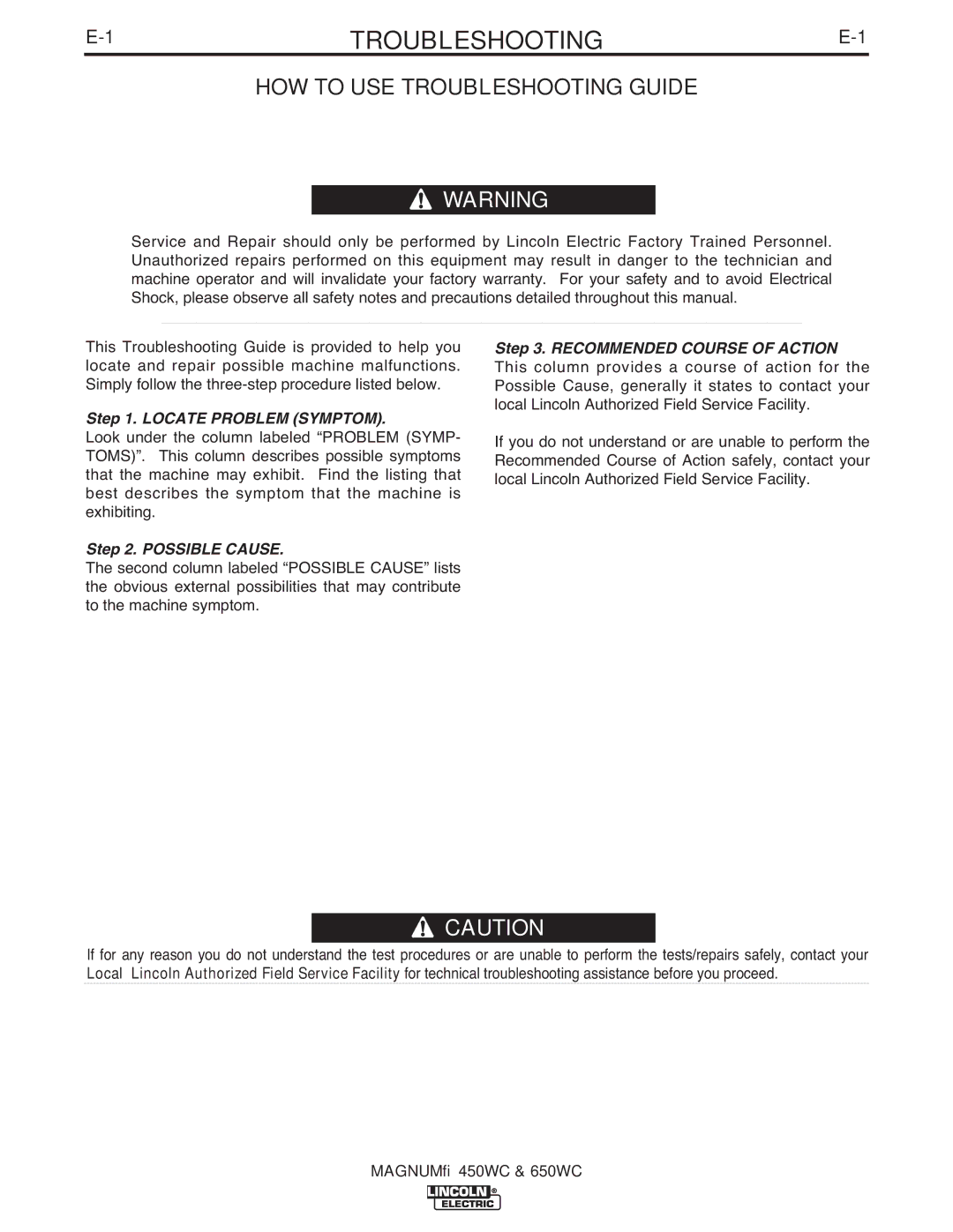 Lincoln Electric IM632-B manual HOW to USE Troubleshooting Guide 