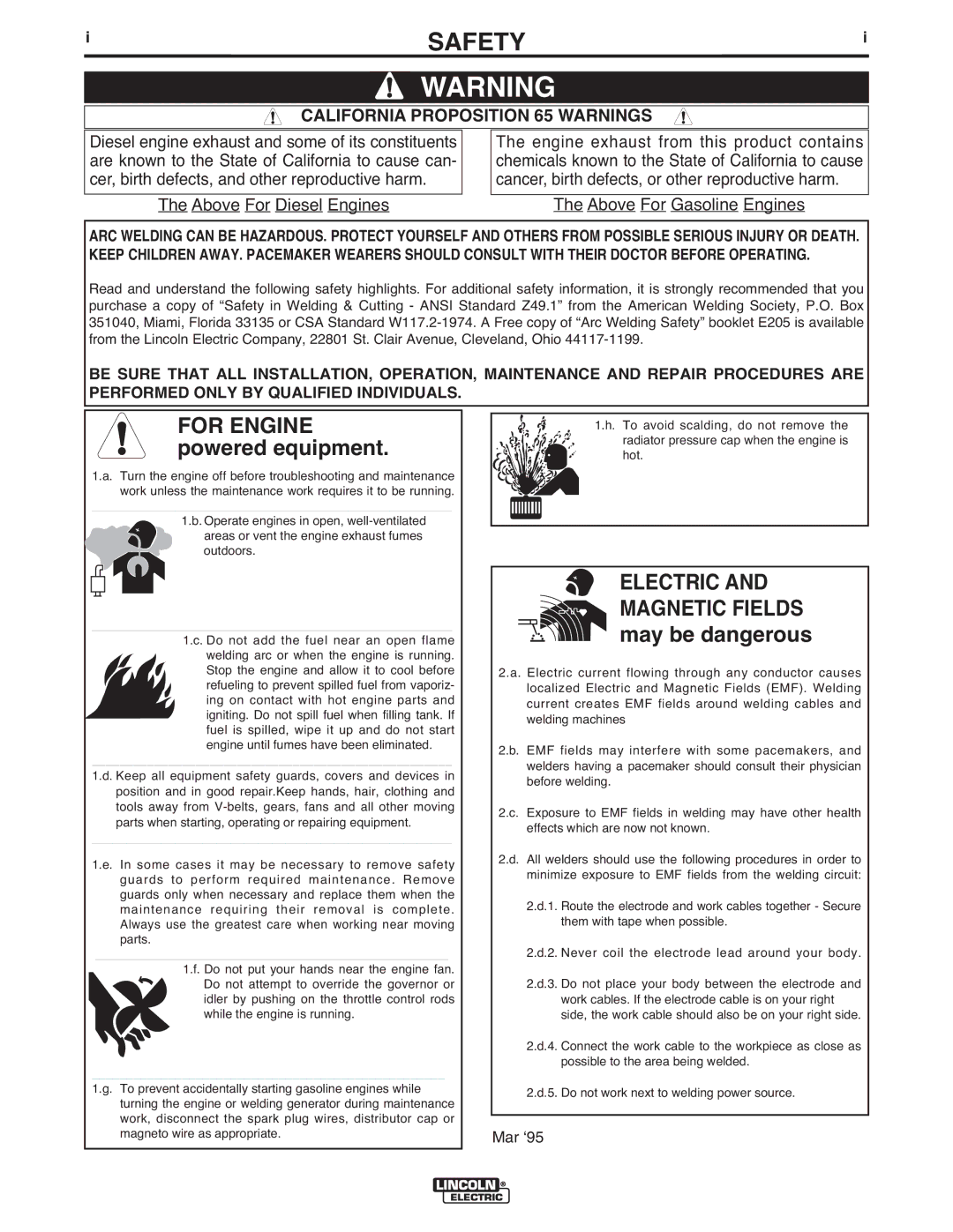 Lincoln Electric IM632-B manual Safety, California Proposition 65 Warnings 