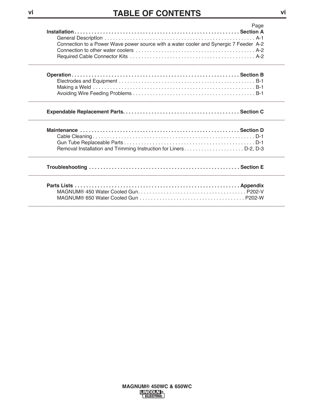 Lincoln Electric IM632-B manual Table of Contents 