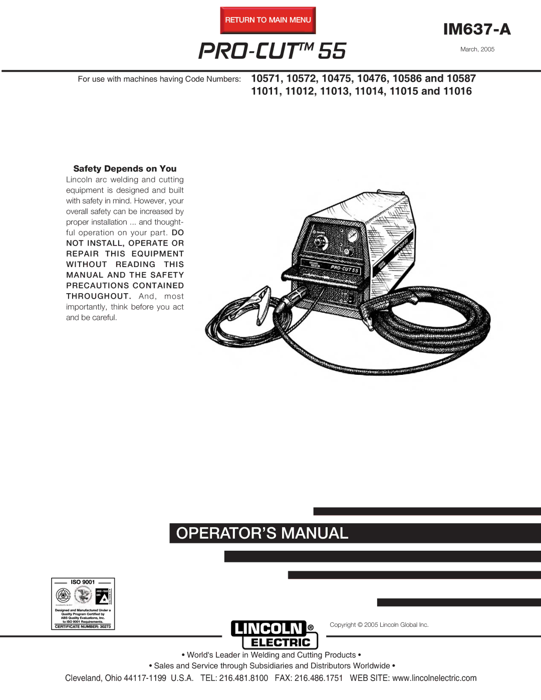 Lincoln Electric IM637-A manual PRO-CUTTM55 