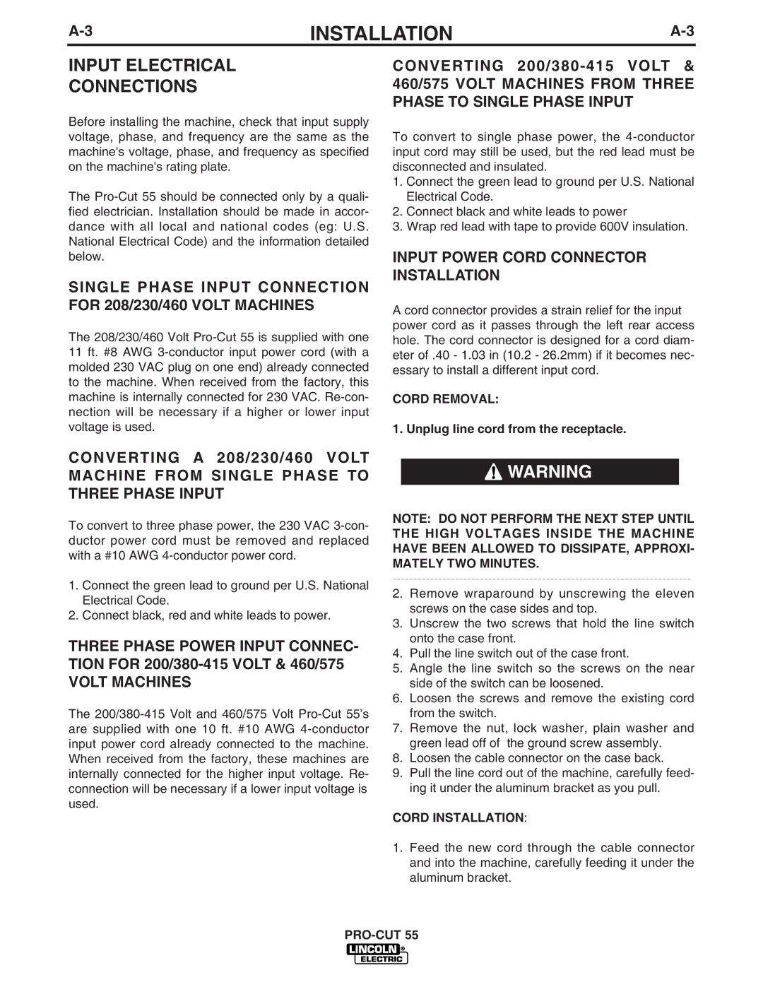 Lincoln Electric IM637-A manual Input Electrical Connections, Single Phase Input Connection for 208/230/460 Volt Machines 