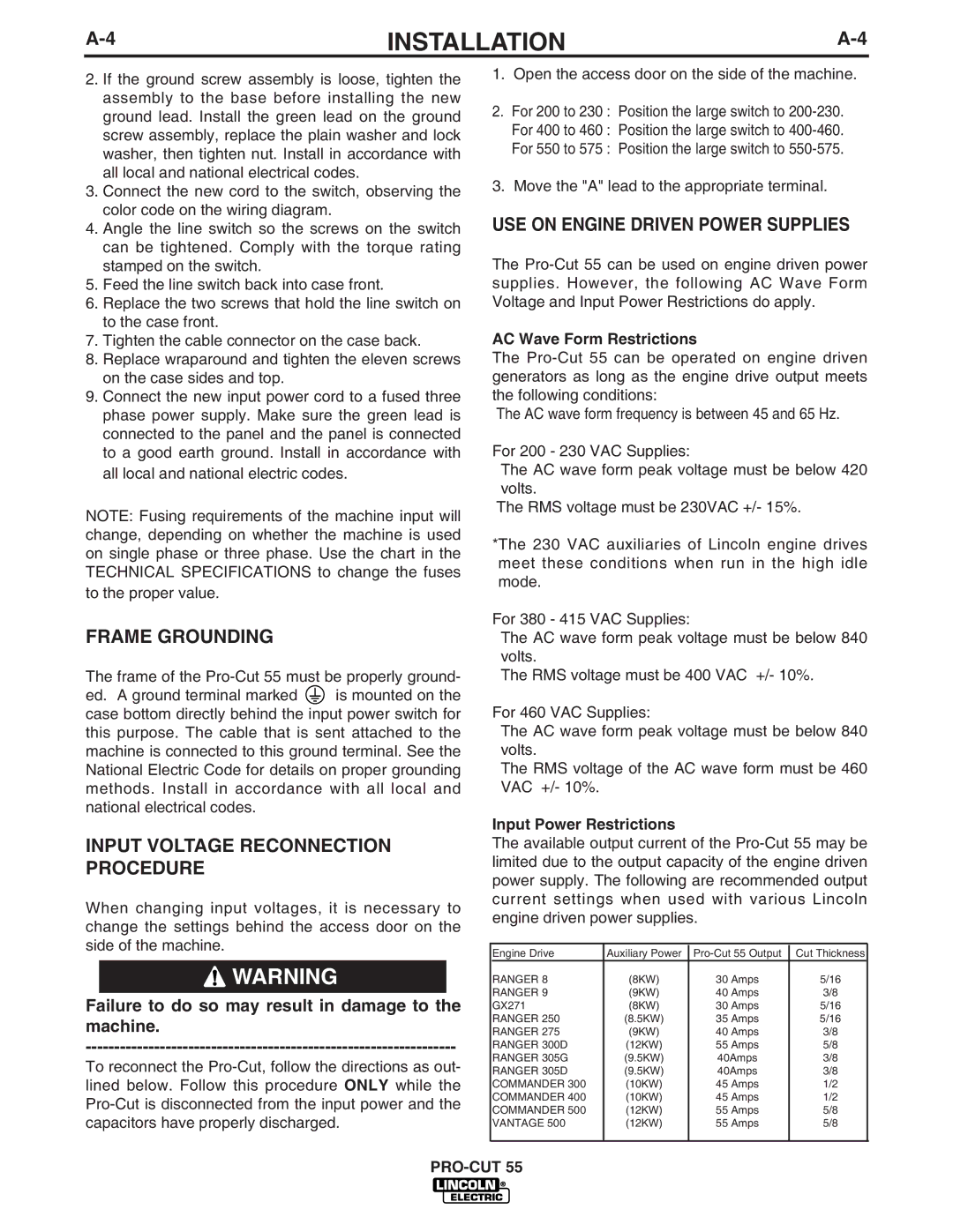 Lincoln Electric IM637-A manual Frame Grounding, Input Voltage Reconnection Procedure, USE on Engine Driven Power Supplies 