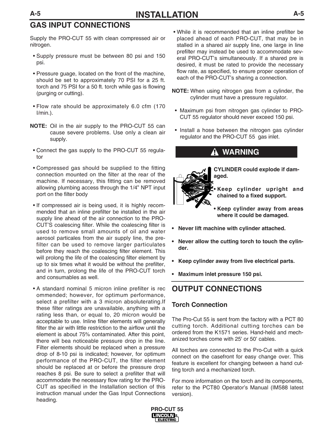 Lincoln Electric IM637-A manual GAS Input Connections, Output Connections 