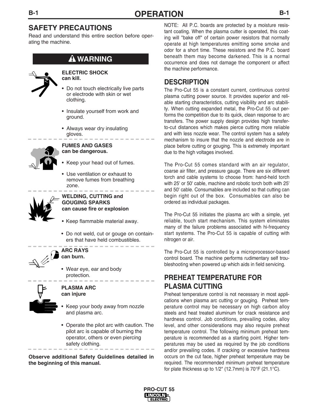 Lincoln Electric IM637-A manual Operation, Description, Preheat Temperature for Plasma Cutting 