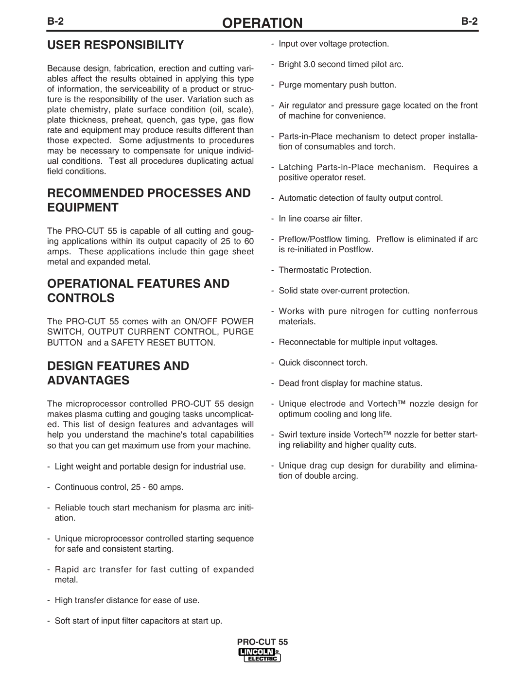 Lincoln Electric IM637-A manual User Responsibility, Recommended Processes and Equipment, Operational Features and Controls 