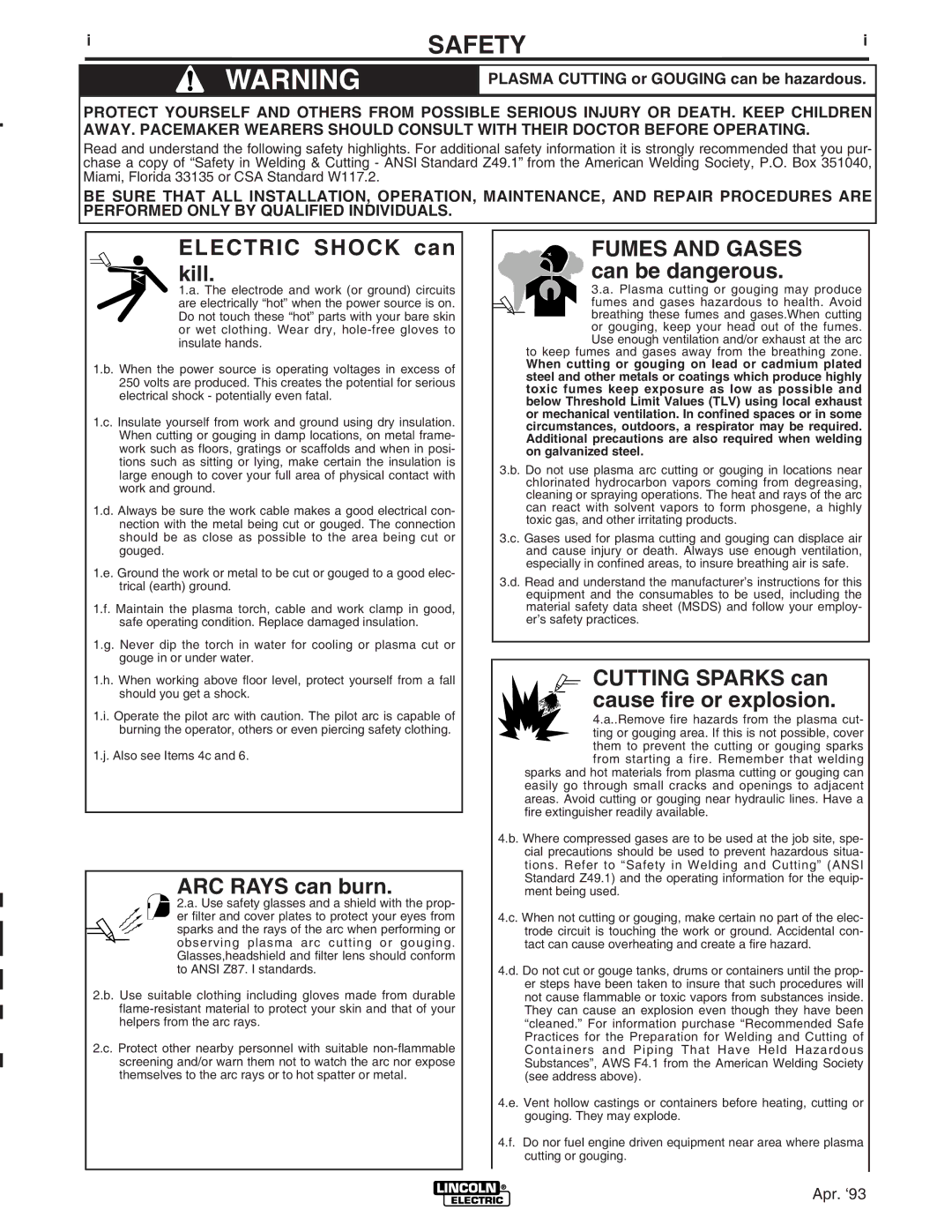 Lincoln Electric IM637-A manual Safety, Electric Shock can kill 