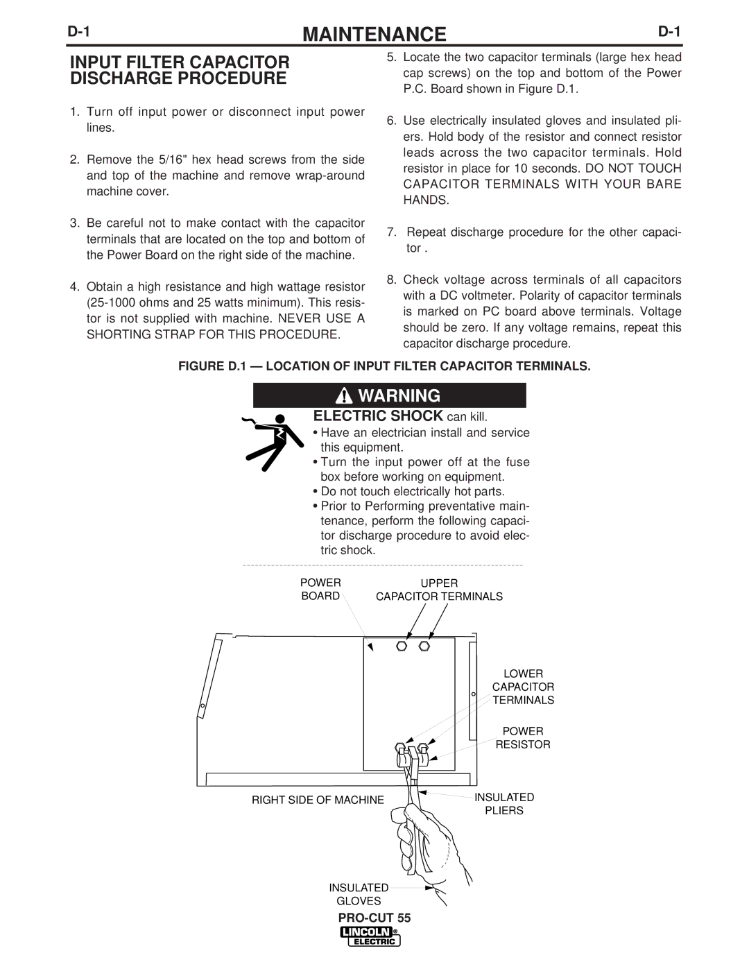 Lincoln Electric IM637-A manual Maintenance, Input Filter Capacitor Discharge Procedure 