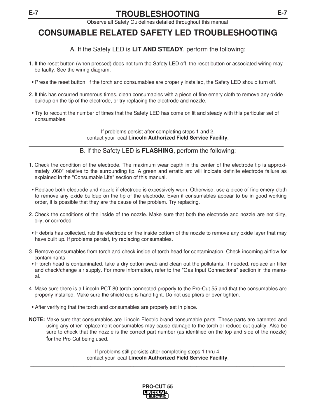 Lincoln Electric IM637-A manual Consumable Related Safety LED Troubleshooting 