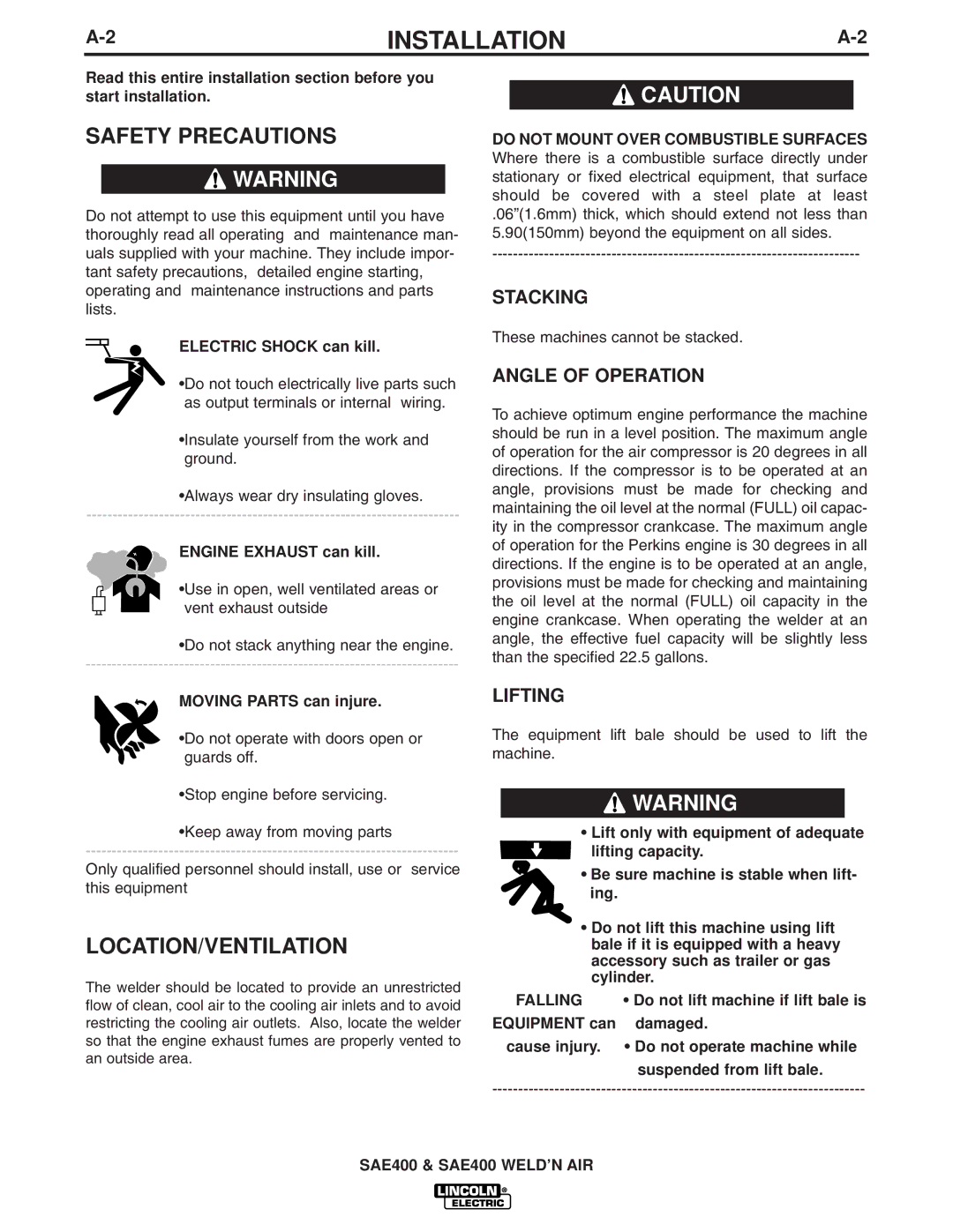 Lincoln Electric IM640-A manual Safety Precautions, Location/Ventilation, Stacking, Angle of Operation, Lifting 