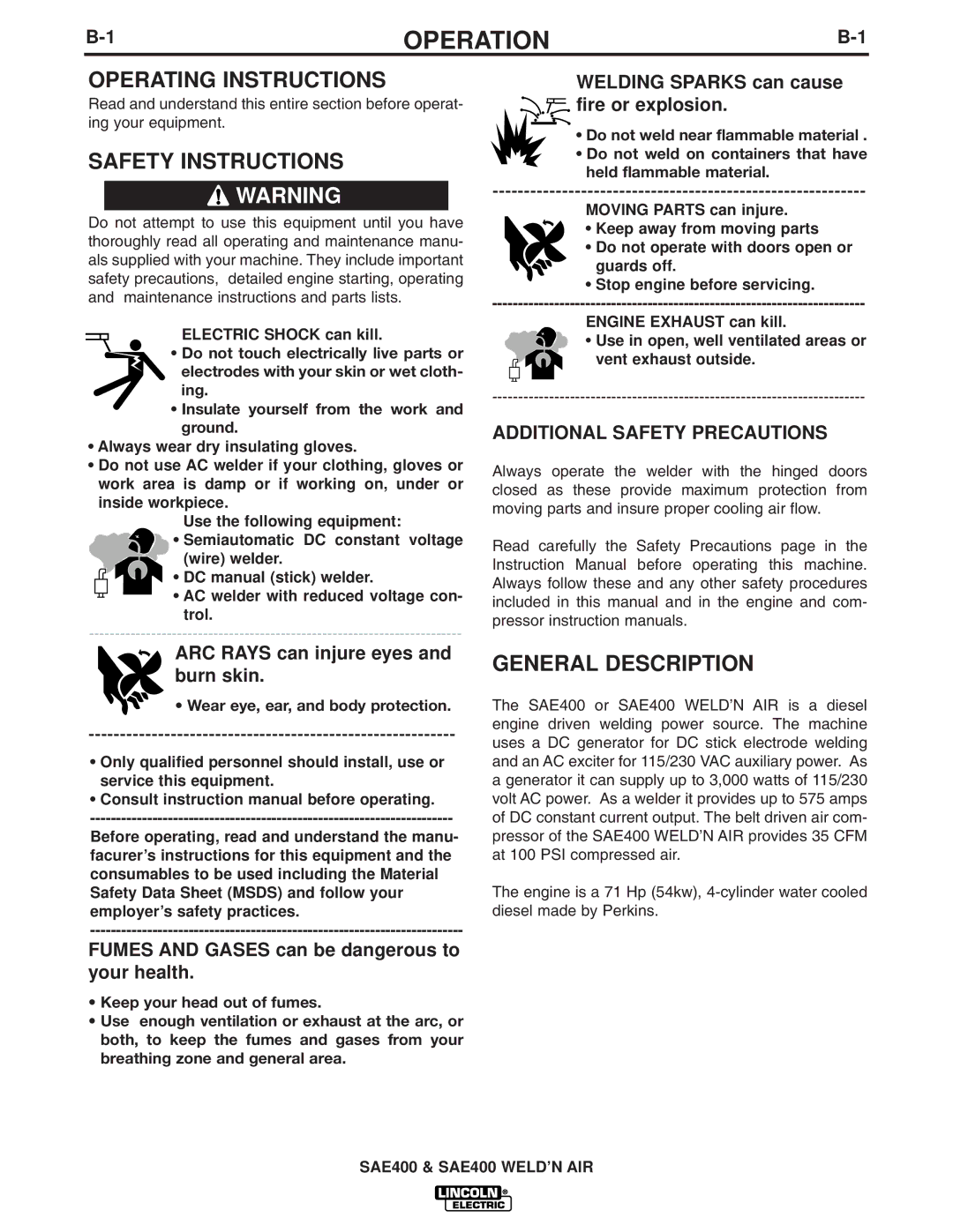 Lincoln Electric IM640-A manual Operation, Operating Instructions, Safety Instructions, General Description 