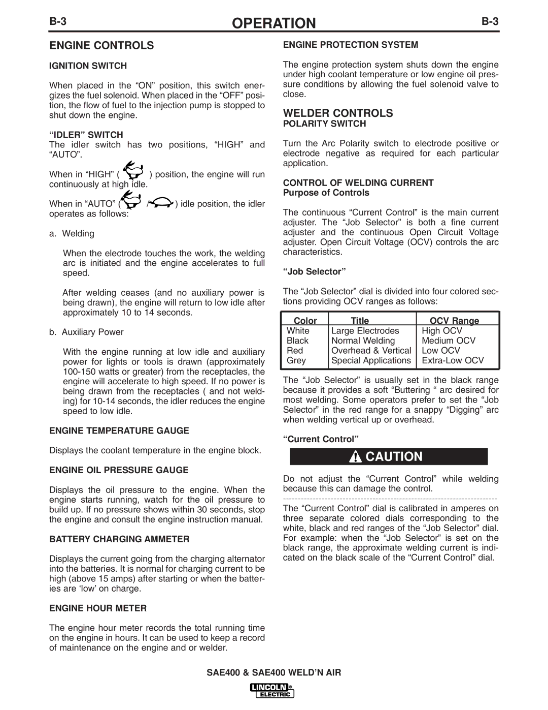 Lincoln Electric IM640-A manual Engine Controls, Welder Controls 