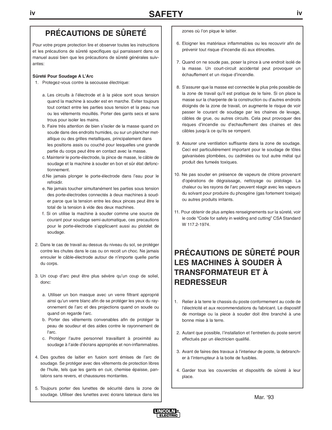 Lincoln Electric IM640-A manual Précautions DE Sûreté, Sûreté Pour Soudage a L’Arc 