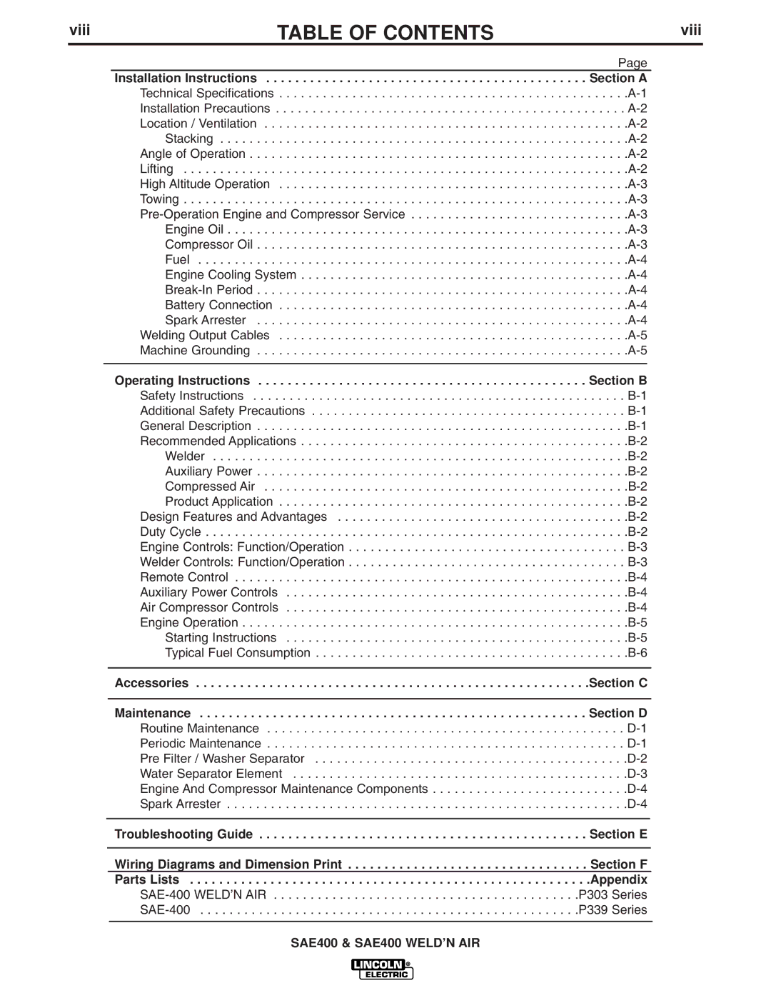 Lincoln Electric IM640-A manual Table of Contents 