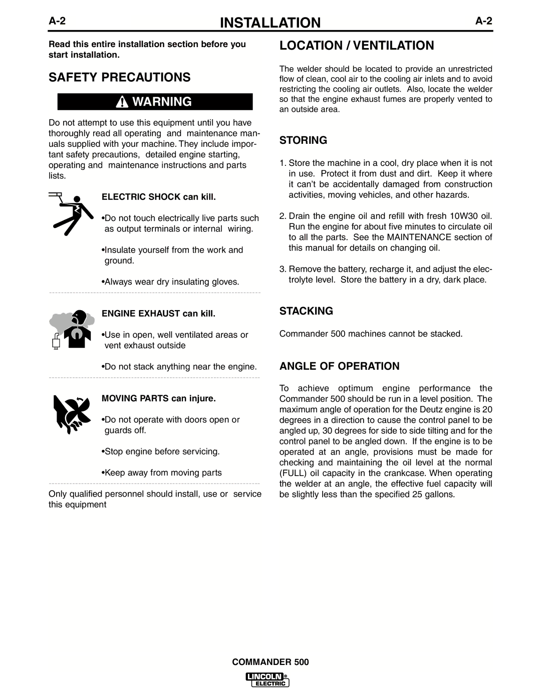 Lincoln Electric IM644-A manual Safety Precautions, Location / Ventilation, Storing, Stacking, Angle of Operation 