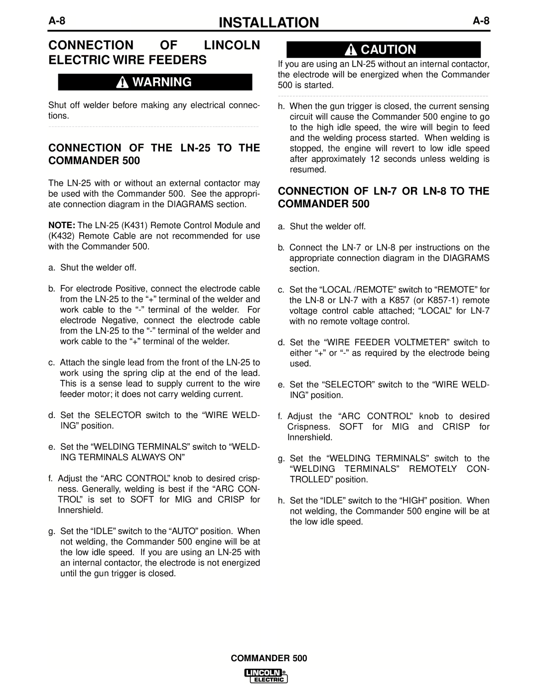 Lincoln Electric IM644-A manual Connection of Lincoln Electric Wire Feeders, Connection of the LN-25 to the Commander 